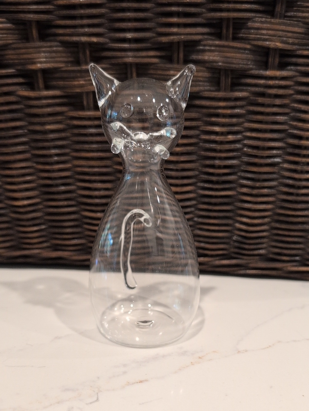 Vintage Minimalist Clear Blown Glass Cat Figurine Looped Tail MCM